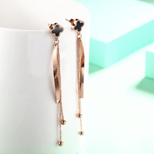 Long Chain Curved Bar Rose Gold Plated Earrings